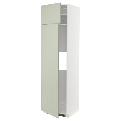 White METOD kitchen cabinet with light green stensund doors, adjustable shelves, and nickel-plated hinges.