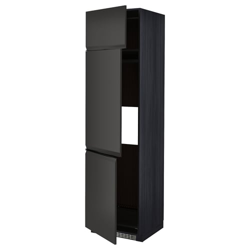 Black modern kitchen cabinet with three matte doors, tall and rectangular, featuring integrated handles and clean design.