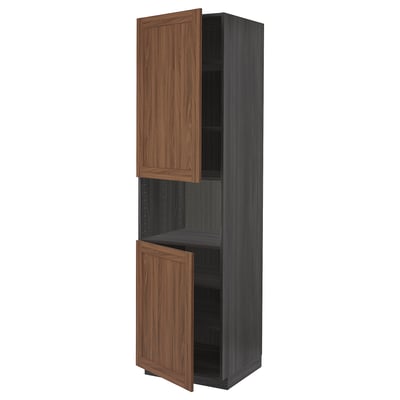 METOD High cab f micro w 2 doors/shelves, black Enköping/brown walnut effect, 60x60x220 cm