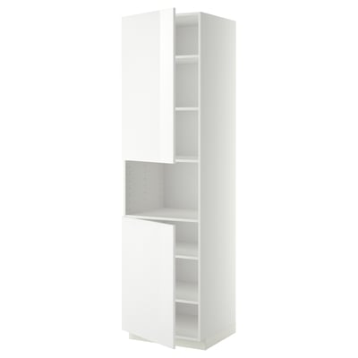 White METOD kitchen cabinet with glossy doors and adjustable shelves. Tall, rectangular, modern design.