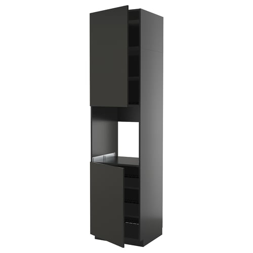 A tall dark grey kitchen cabinet with two open doors revealing adjustable shelves inside.