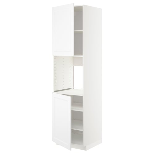 White kitchen cabinet, tall, modern design, adjustable shelves, timeless look.