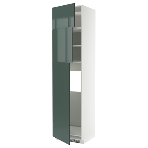 Modern tall white cabinet, high-gloss dark green doors, shelves inside.
