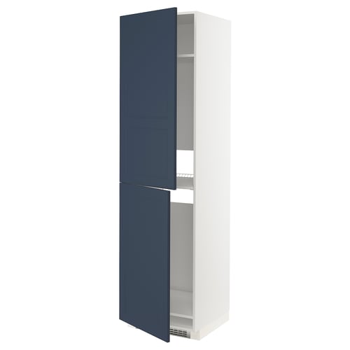 Blue and white kitchen cabinet with adjustable shelves and two doors.
