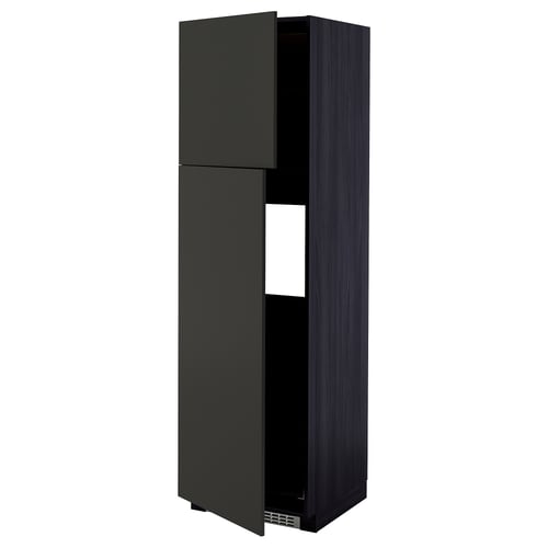 Black kitchen cabinet with overlay doors, enclosed at bottom for appliances, adjustable shelves.