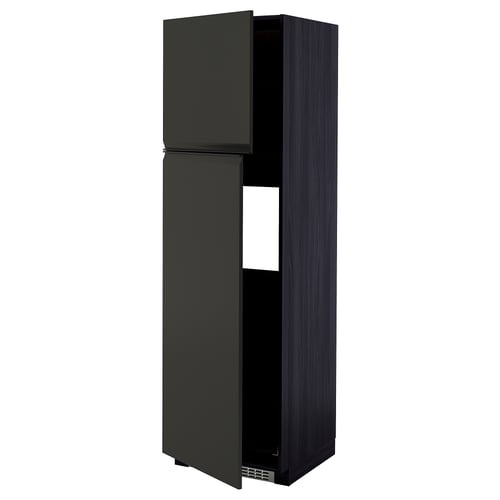 METOD kitchen unit, tall, dark grey, with open door, modern design, metal handles.
