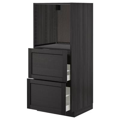 METOD High cabinet w 2 drawers for oven, black/Lerhyttan black stained, 60x60x140 cm