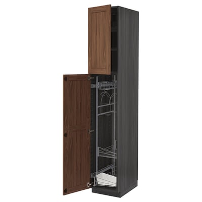 METOD High cabinet with cleaning interior, black Enköping/brown walnut effect, 40x60x220 cm