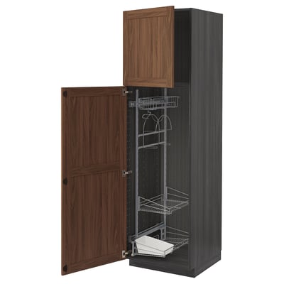 METOD High cabinet with cleaning interior, black Enköping/brown walnut effect, 60x60x200 cm