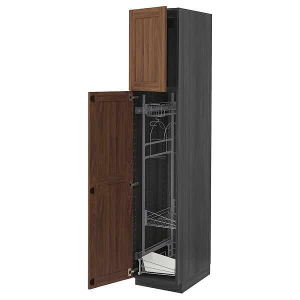 METOD High cabinet with cleaning interior, black Enköping/brown walnut effect, 40x60x200 cm