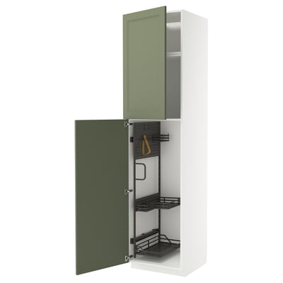 Green and white cabinet from METOD series, open displaying interior organisation.