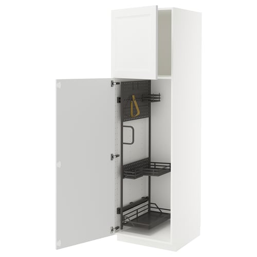 An open white METOD kitchen cabinet with organising shelves and tools.