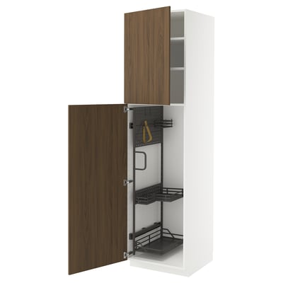 METOD High cabinet with cleaning interior, white/Tistorp brown walnut effect, 60x60x220 cm