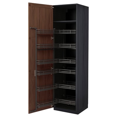 METOD High cabinet with pull-out larder, black Enköping/brown walnut effect, 60x60x220 cm