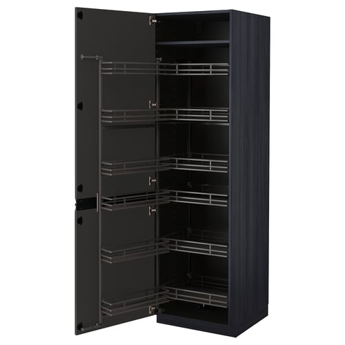 Modern black kitchen cabinet with pull-out shelves. Tall, rectangular design for spacious storage.