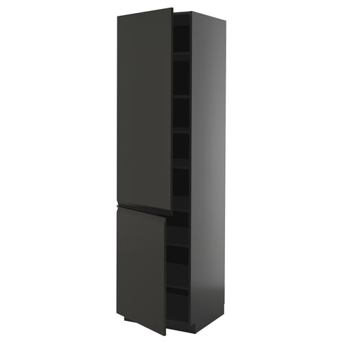 Dark grey tall cabinet with modern matte finish, sleek design, two doors, minimalist handles, and adjustable shelves.