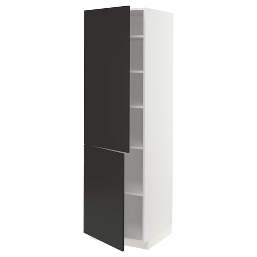 Black and white kitchen cabinet with adjustable shelves.