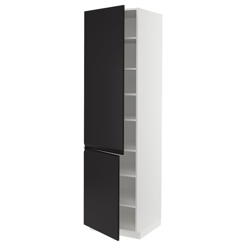 Modern black and white tall cabinet with sleek, matte finish and adjustable shelves.