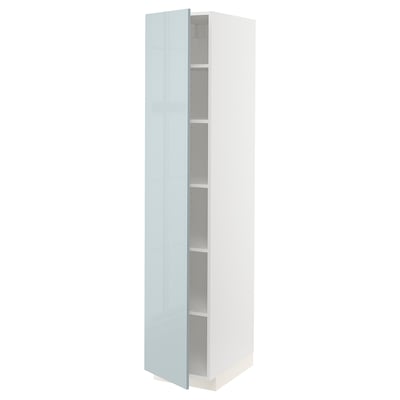A tall, narrow, light blue-gray cabinet from the METOD kitchen system. It adjustable shelves and is mounted against a white background.