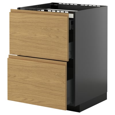 METOD / KNIVSHULT Base cab f hob/2 fronts/3 drawers, black-grey/Voxtorp oak effect, 60x60 cm