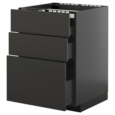 METOD / KNIVSHULT Base cab f hob/3 fronts/3 drawers, black-grey/Nickebo matt anthracite, 60x60 cm