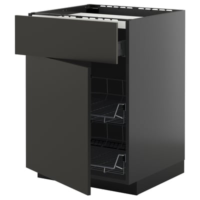 METOD / KNIVSHULT Base cab f hob/drawer/2 wire bskts, black-grey/Nickebo matt anthracite, 60x60 cm