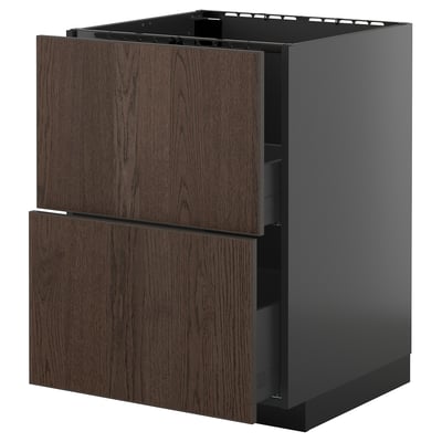 METOD / KNIVSHULT Base cab f sink+2 fronts/2 drawers, black-grey/Sinarp brown, 60x60 cm