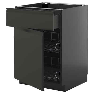 METOD / KNIVSHULT Base cab w wire basket/drawer/door, black-grey/Upplöv matt anthracite, 60x60 cm