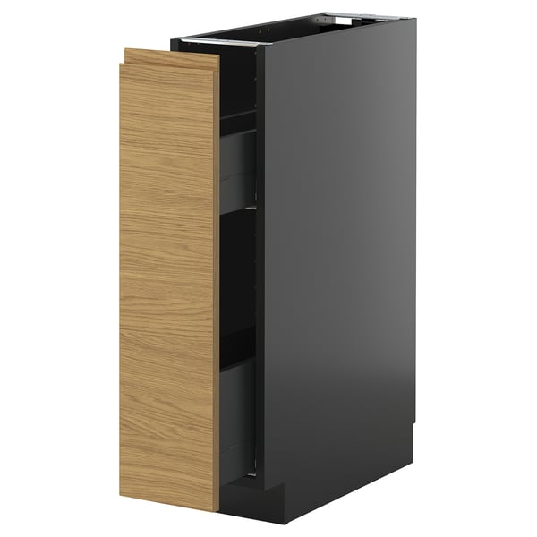 METOD / KNIVSHULT Base cabinet/pull-out int fittings, black-grey/Voxtorp oak effect, 20x60 cm
