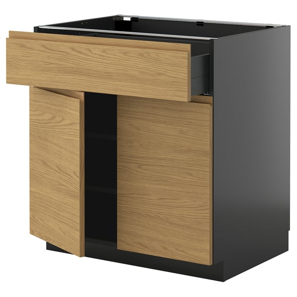 METOD / KNIVSHULT Base cabinet with drawer/2 doors, black-grey/Voxtorp oak effect, 80x60 cm