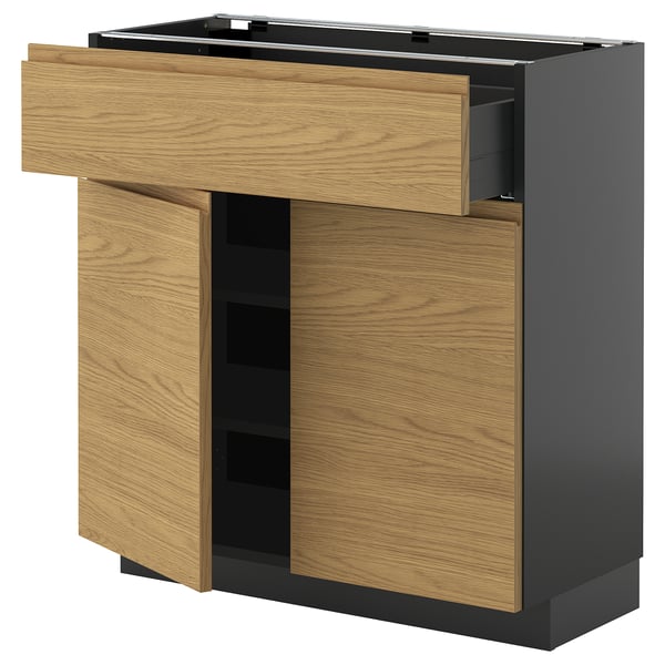 METOD / KNIVSHULT Base cabinet with drawer/2 doors, black-grey/Voxtorp oak effect, 80x37 cm