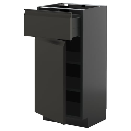 METOD black kitchen cabinet with drawer and shelves.