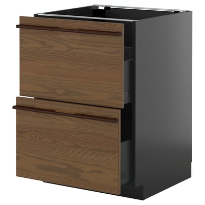 METOD / KNIVSHULT Base cb 2 fronts/2 high drawers, black-grey/Stensta dark brown ash veneer, 60x60 cm