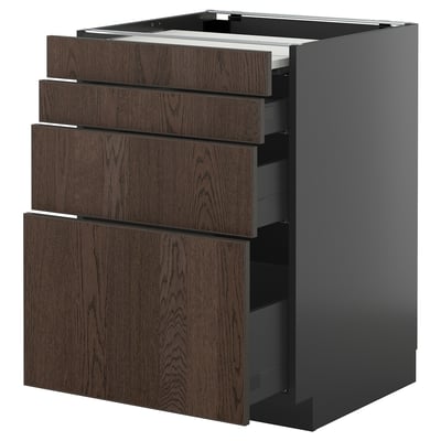 METOD / KNIVSHULT Bc w pull-out work surface/3drw, black-grey/Sinarp brown, 60x60 cm