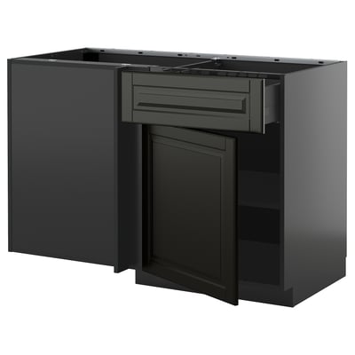 METOD / KNIVSHULT Corner base cab w drawer and shelf, black-grey/Bodbyn black, 128x68 cm
