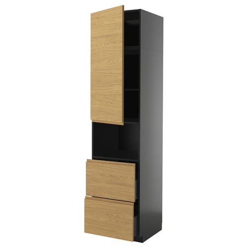 A tall, dark grey METOD kitchen cabinet with a light wooden top door and two drawers, featuring an oak-like finish and sleek, handleless design.