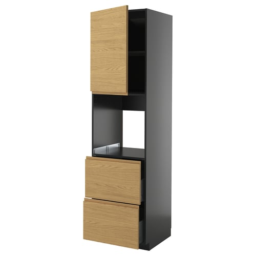 A tall kitchen cabinet named METOD, featuring light wood and black grey colours, with a sleek design and minimalist look.