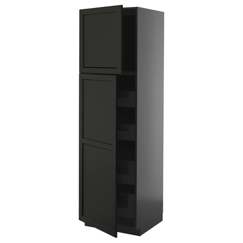 Dark grey METOD kitchen cabinet, tall, two doors, wood texture.