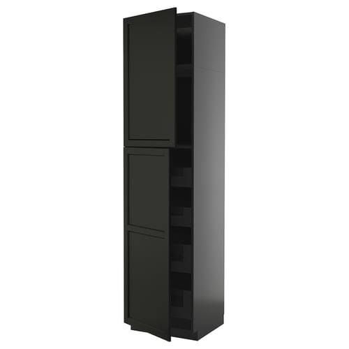 Black kitchen cabinet with bevelled edges, tall, rectangular, and sleek design.