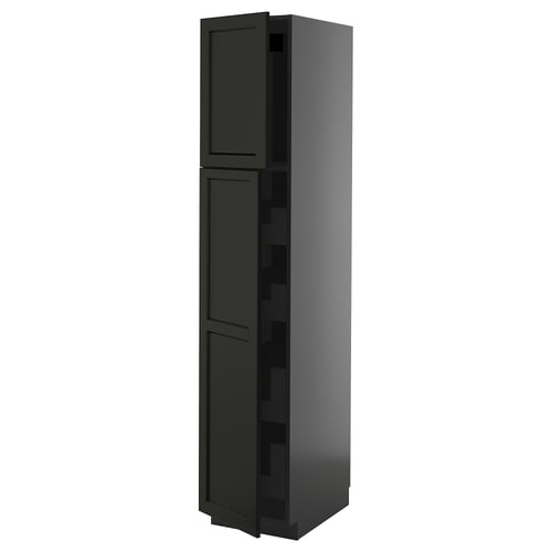 A METOD tall, dark grey cabinet with dual doors and built-in shelves, perfect for kitchen storage.