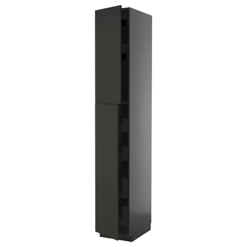 Black modern tall kitchen cabinet with minimalist design and sleek handles.