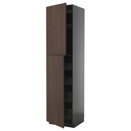 Tall dark brown wooden cabinet with black sides and shelves.