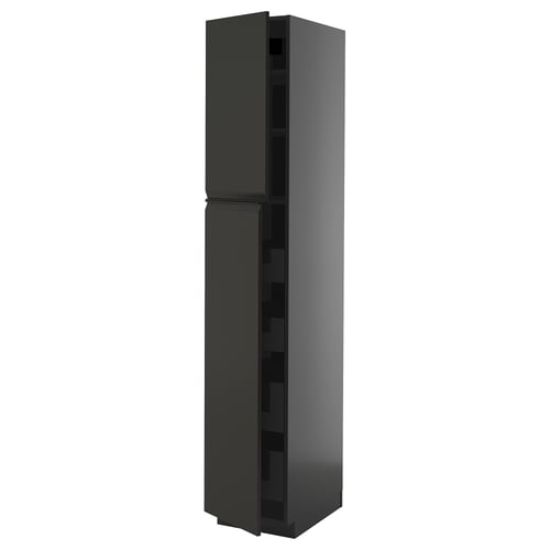 Modern black tall kitchen cabinet with sleek handles, glossy finish, and clean lines for contemporary decor.