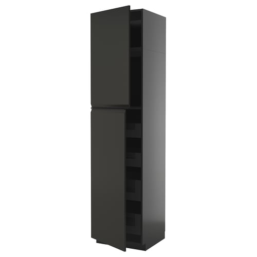 Displays a black METOD kitchen cabinet with a modern design, featuring integrated handles and a sleek, high-gloss finish.