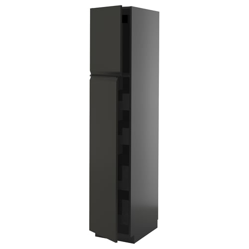Modern black kitchen cabinet, tall, sleek design with integrated handle, part of the METOD system.