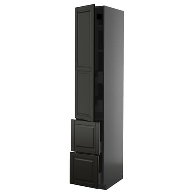 METOD / KNIVSHULT Hi cab w shlvs/4 drawers/dr/2 frnts, black-grey/Bodbyn black, 40x60x220 cm