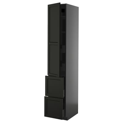 METOD / KNIVSHULT Hi cab w shlvs/4 drawers/dr/2 frnts, black-grey/Lerhyttan black stained, 40x60x220 cm