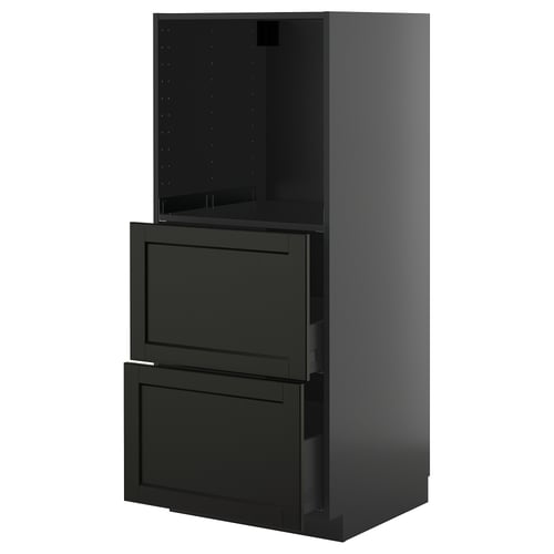 A black high cabinet with two drawers from IKEAs METOD kitchen system. It a traditional design with bevelled edges.
