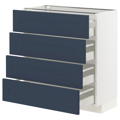 Modern blue drawer unit, part of IKEAs METOD kitchen system, has four drawers with white drawer slides.