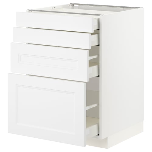 A white ikea METOD kitchen cabinet with three open drawers and one large door. The cabinet has a modern design with a smooth, clean finish.